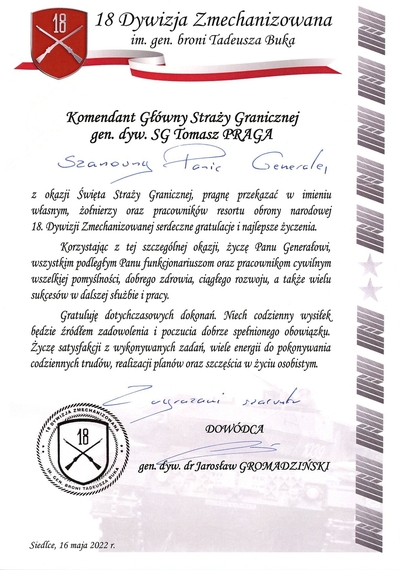 List z okazji Święta Straży Granicznej od Dowódcy 18 Dywizji Zmechanizowanej 
