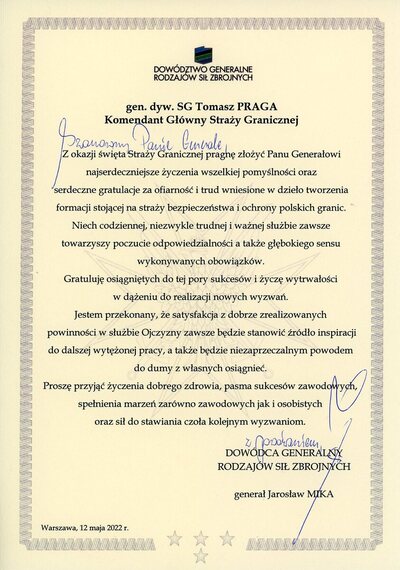 List z okazji Święta Straży Granicznej od Dowódcy Generalnego Rodzajów Sił Zbrojnych 