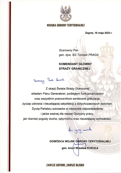 List z okazji Święta Straży Granicznej od Dowódcy Wojsk Obrony Terytorialnej 