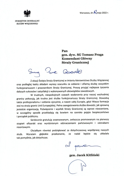 List z okazji Święta Straży Granicznej od Dyrektora Generalnego Służby Więziennej 