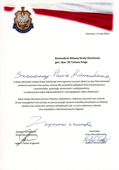 List z okazji Święta Straży Granicznej od Komendanta Straży Marszałkowskiej 