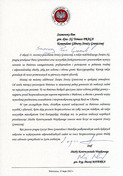 List z okazji Święta Straży Granicznej od Szefa SKW 