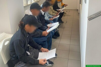 Cudzoziemcy siedzą na krzesłach i czytają dokumenty. 