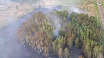 Widok pogorzeliska z śmigłowca Straży Granicznej Widok pogorzeliska z śmigłowca Straży Granicznej