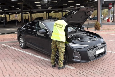 Funkcjonariusz SG przy zatrzymanym aucie 