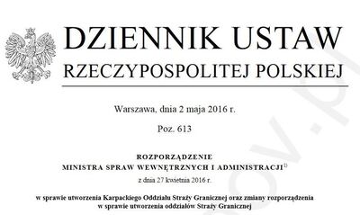 Skan rozporządzenia Ministra SWiA o przywróceniu Karpackiego Oddziału SG